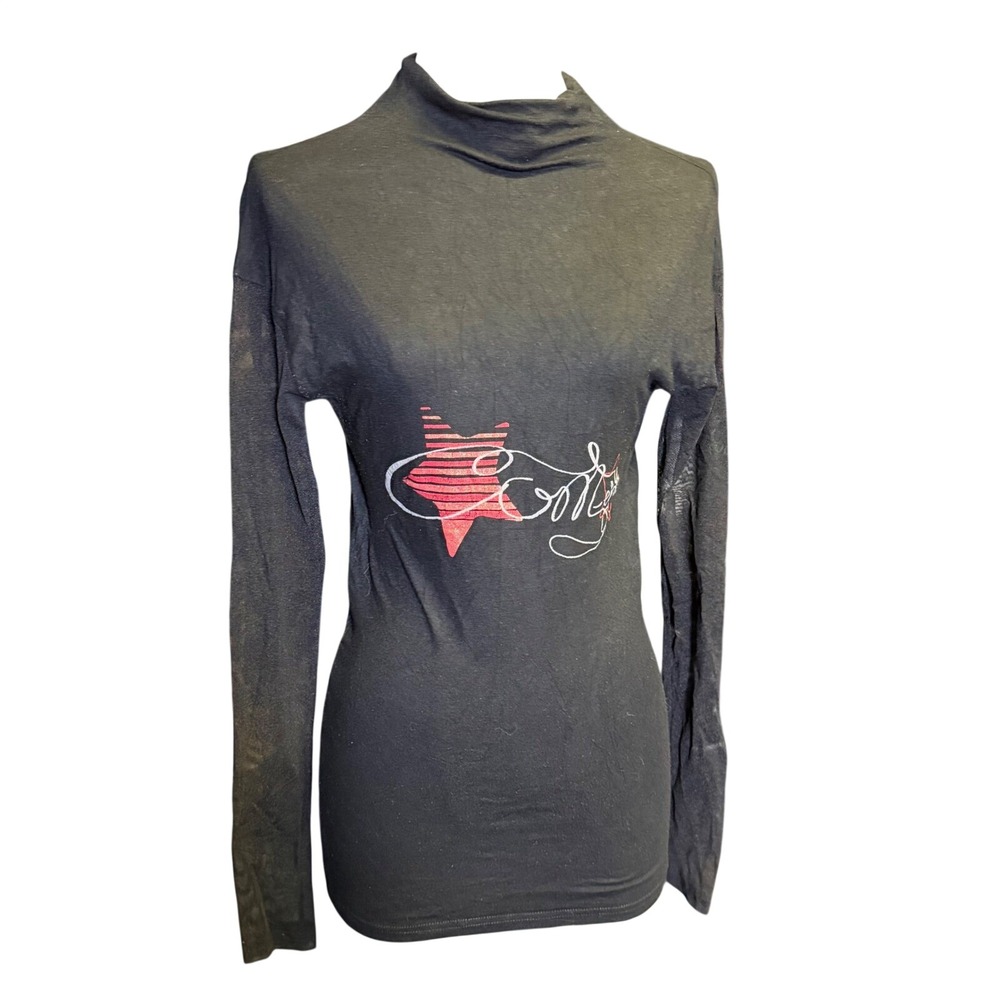 C&A Mock Neck Top Womens XS Black Good Y2K Sheer Sleeve Red Glitter Star Graphic